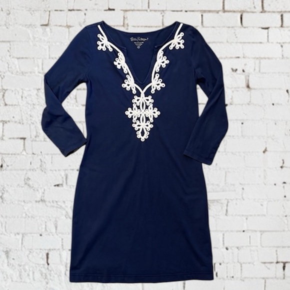 Lilly Pulitzer Marina Navy/White Soutache Trim Cotton Knit Pullover Dress XS - Picture 7 of 14